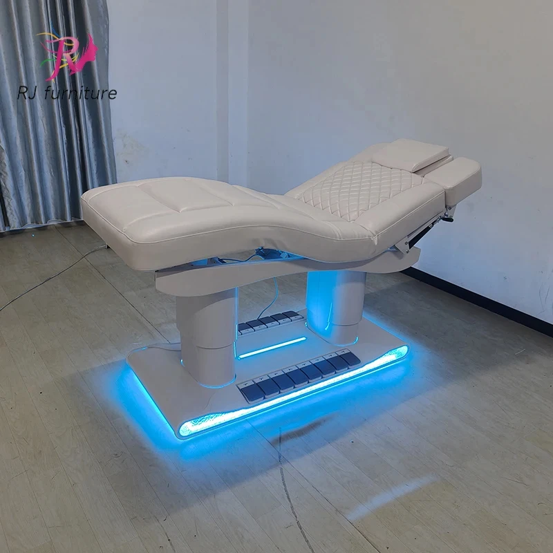 Modern Luxury White Dual Post 3/4 Motor Massage Bed With Metal Base And Lighting Beauty And Eyelash Extension Bed