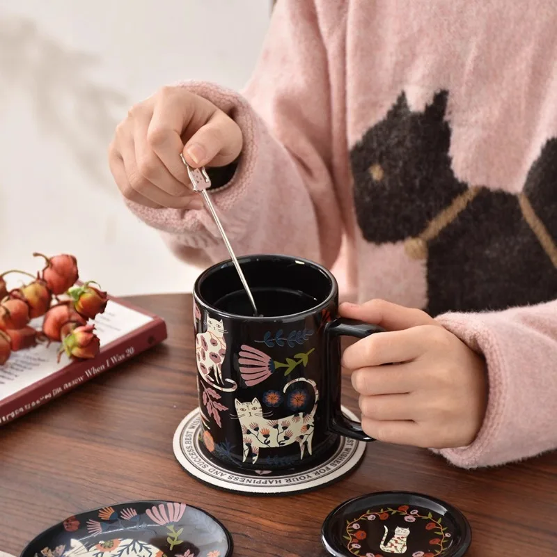 Black Light Luxury French Cat Silhouette Mug with Lid Ceramic Water Cup Unique Home Drinkware Gift Set Kawaii Cup