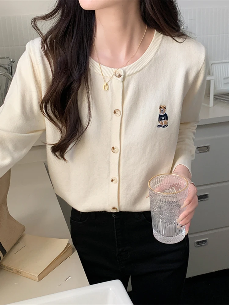 

Весенний женский тонкий вязаный кардиган с вышивкой медведя, с длинными рукавами, прямого кроя, приталенный, для повседневной носки