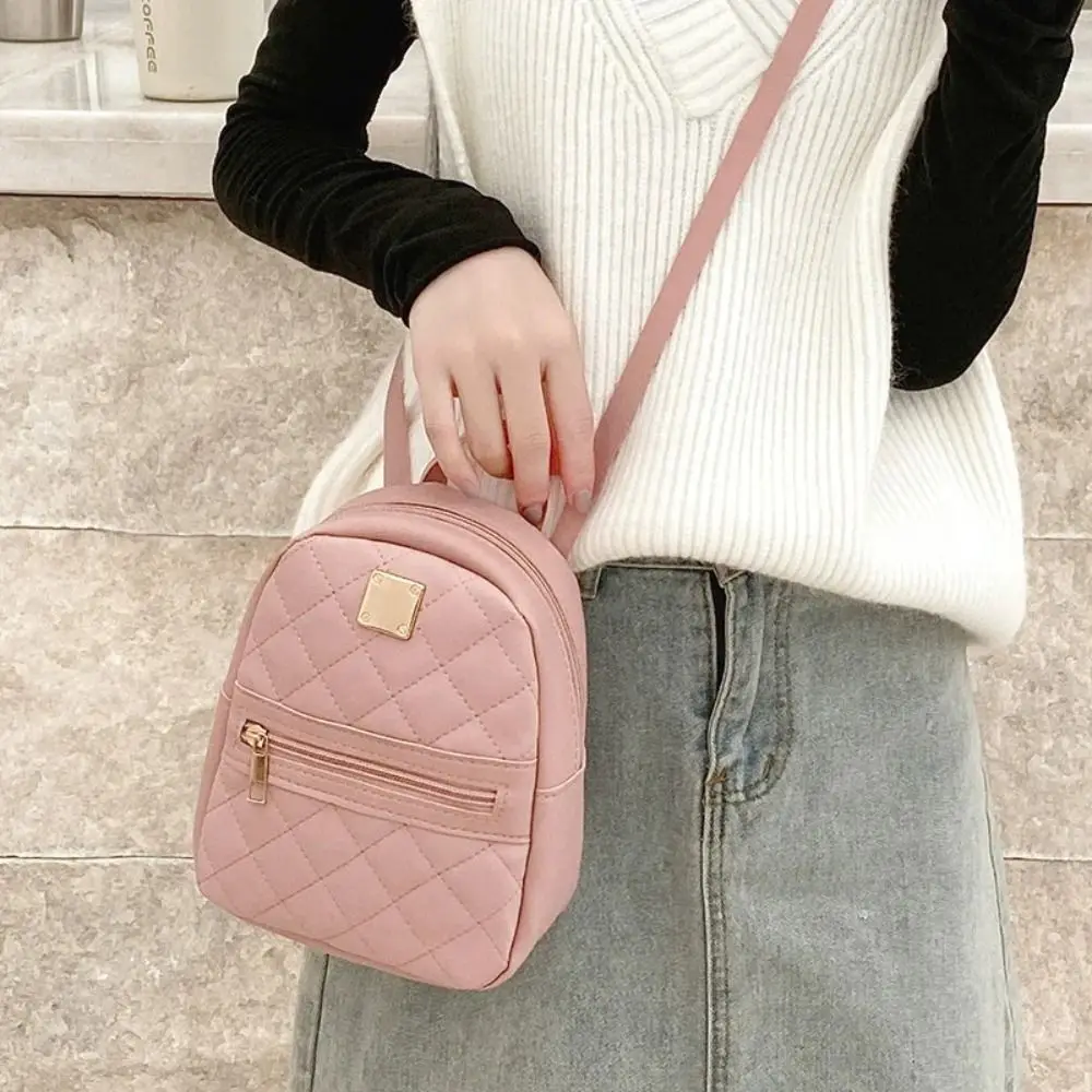 Lingge Embroidery Mini Small Backpack Solid Color PU Leather Women Shoulder Bag Zipper Large Capacity Travel Rucksack