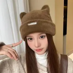 Lovely Iron Label Decorative Beanie Hat With Ears Warm Plush Cat Beanie Winter Faux Fur Beanie Elastic Knitted Hat Women Outdoor