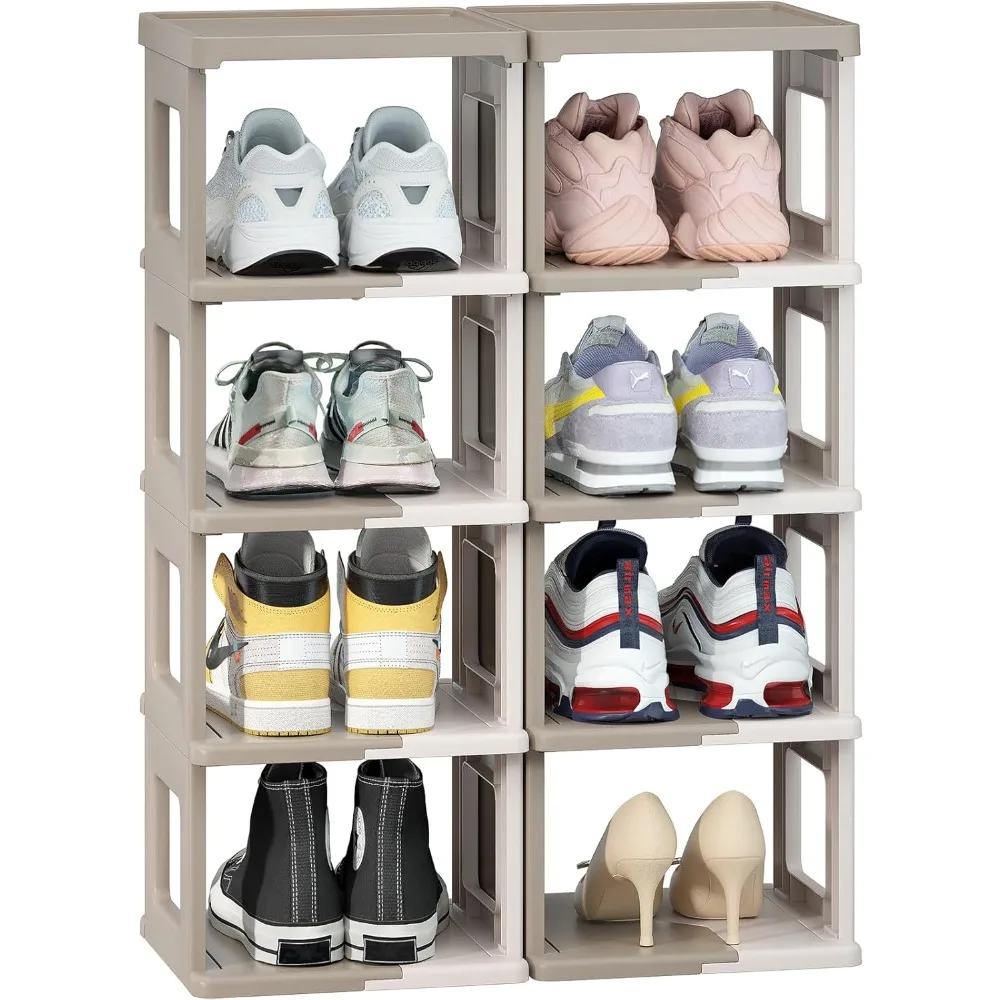 

Foldable Shoe Rack 10 Tiers, Stackable Shoe Organizer, Plastic Vertical Shoe for Garage, Entryway, Space Saving(White & Brown)