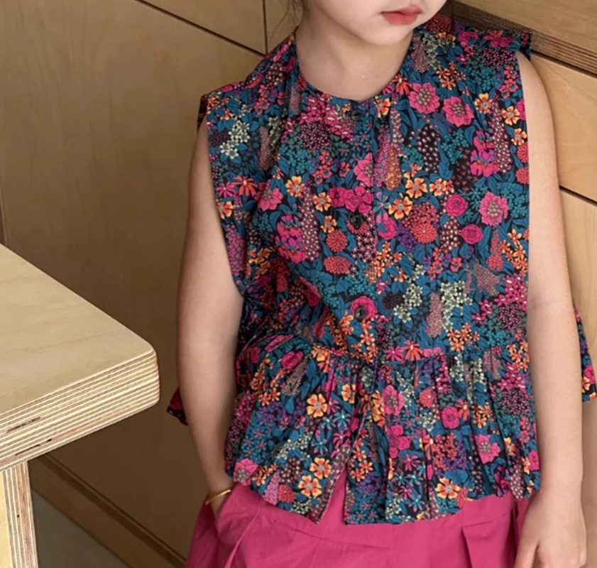 Girls\' Fashion Set 2024 New Children\'s Summer Clothing Suit Little Girl Summer Sleeveless Tank Top+Wide Leg Pants Kids Sets