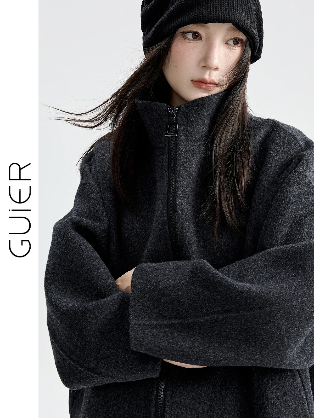 

Double-Faced Woolen ort Coat for Women Winter Faion Outerwear Alba Cartoon Casual Wear Zipper Closure Long Sve Jaet