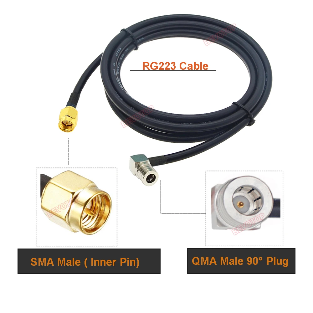 BEVOTOP RG223 QMA to SMA Jumper SMA / RP-SMA to QMA Male Right Angle 90° Plug Double Shielded Low Loss RG-223 Cable Adapter