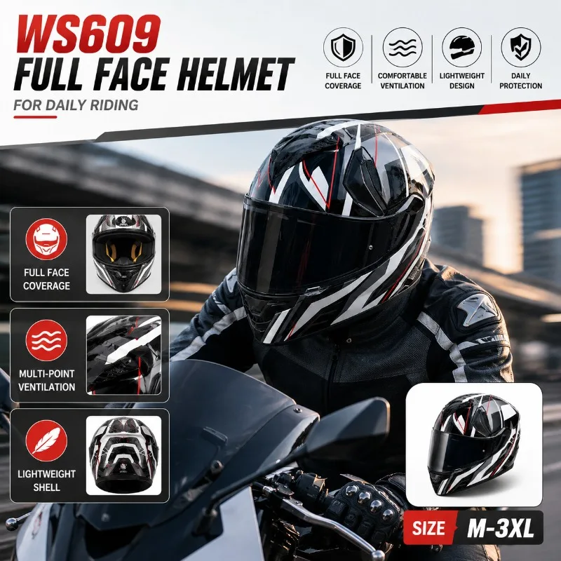 WS609 Motorcycle Full Face Helmet Men Women All Season Riding Helmet Lightweight Comfortable Street Moto Protective Gear