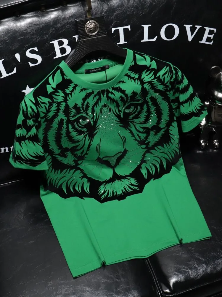 2024 new Summer European New Tiger Head Round Neck Loose Plus Size Short Sleeve T Shirt Bottom Half Sleeve Shirt