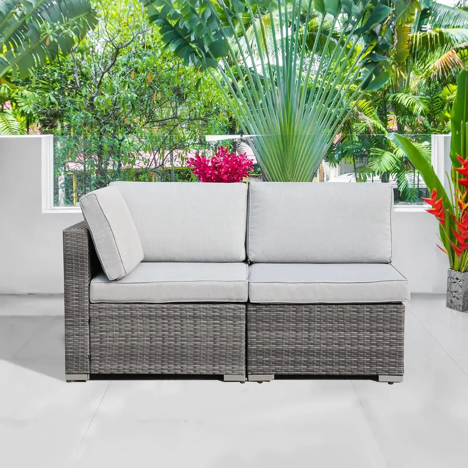 

2PCS Patio Furniture Set, Outdoor Sectional Sofa, All-Weather Grey PE Wicker Rattan Conversation Set for Porch Balcony Garden