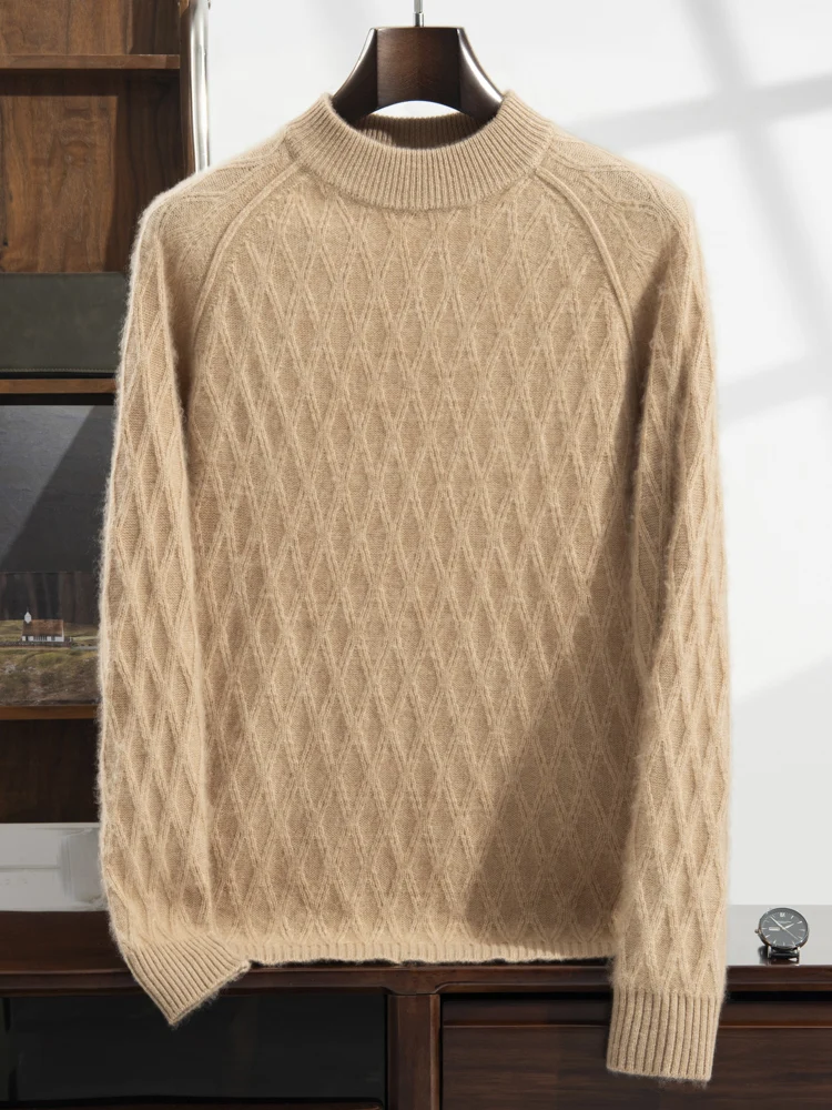 Jacquard-Pullover aus 100 % reinem Kaschmir für Herren, halber Rollkragenpullover, hochwertiges Langarm-Basishemd, lockere, verdickte Oberteile für den Winter