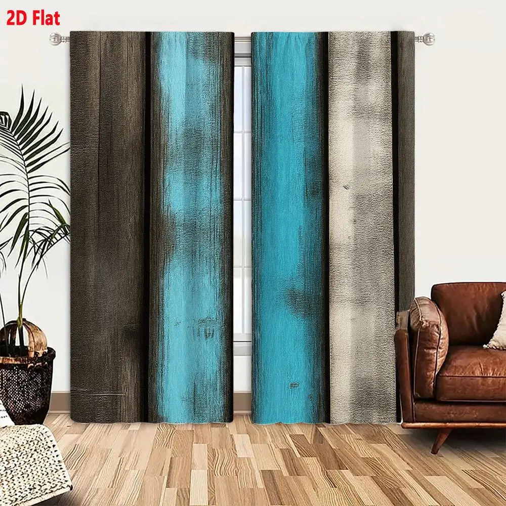 2Pcs Curtains Add 2D Flat Weathered Vertical Wooden Planks Fence With Turquoise Blue And Beige Textures Window Drapes for Bedroo