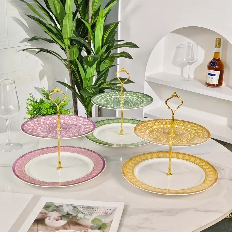 European 2-layer cake plate fruit plate, living room household ceramic creative candy wedding cake plate pastry display stand
