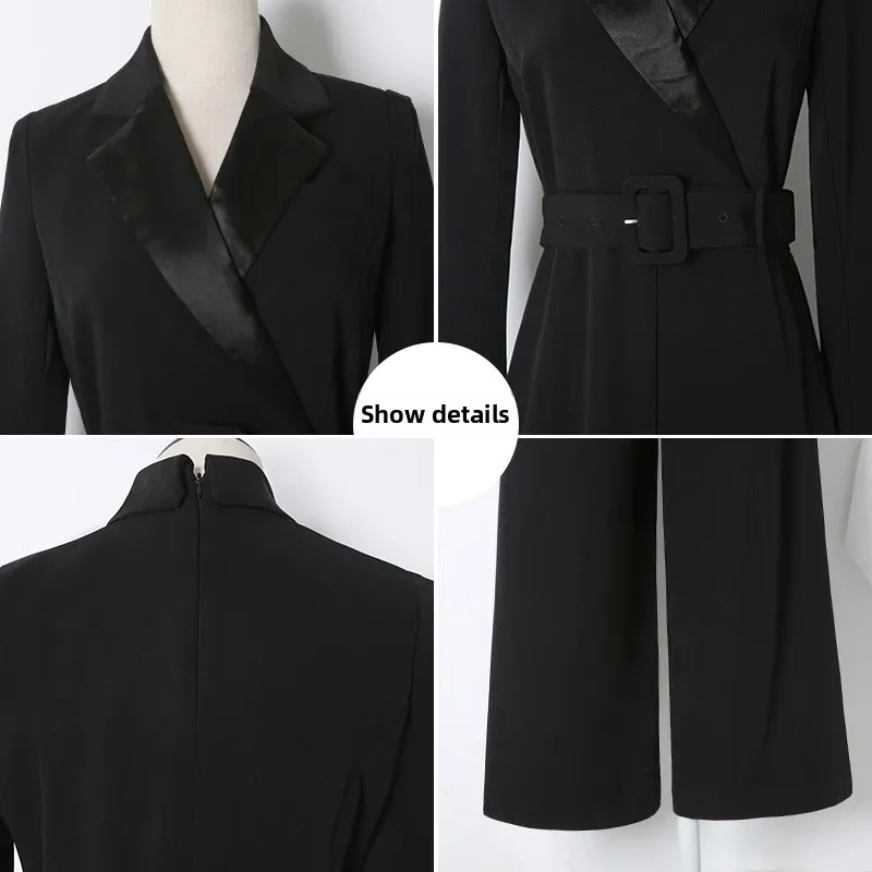 Ele Bla Long Sve Suit Collar Jumpsuit Women's Faion Spring Autumn High Waist Wide Leg Pants High End Feeling