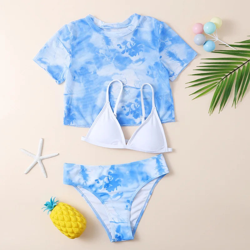 Conjunto de Bikini con estampado Tie Dye azul para niñas, traje de baño con Top corto de malla, bañador para niños de 7 a 12 años, traje de baño para niños, 3 unidades, 2024