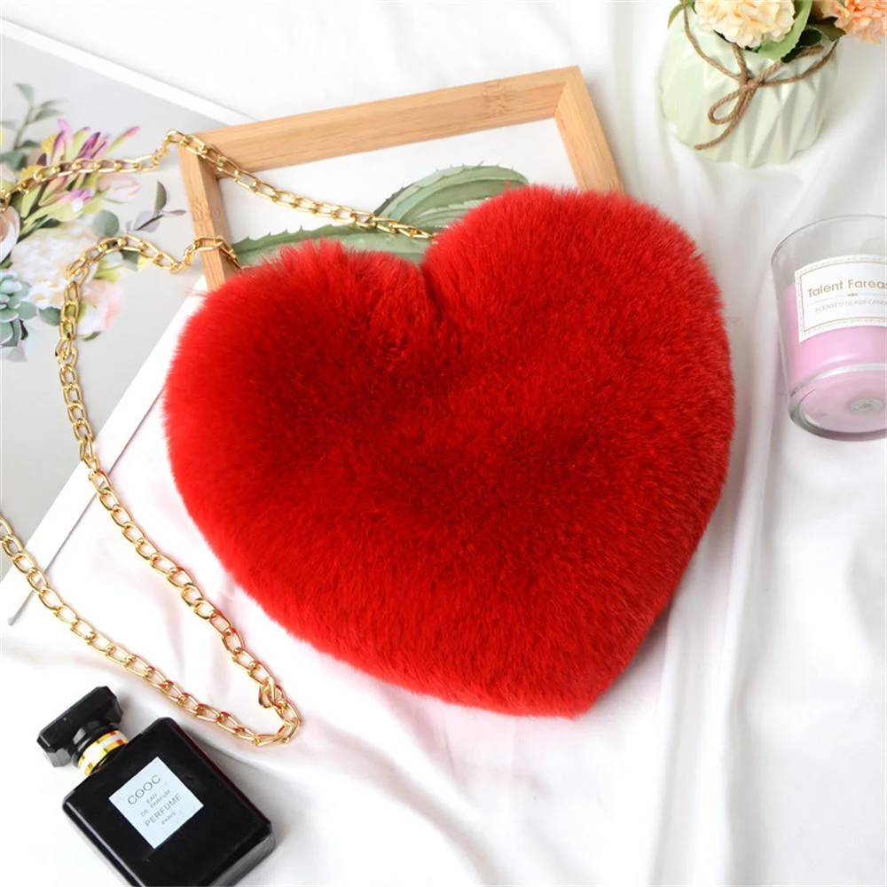 New Women's Heart Shaped Shoulder Bag Handbags Faux Fur Crossbody Bags Wallet Purse Cute Kawaii Plush Chain Lady Handbag 2024