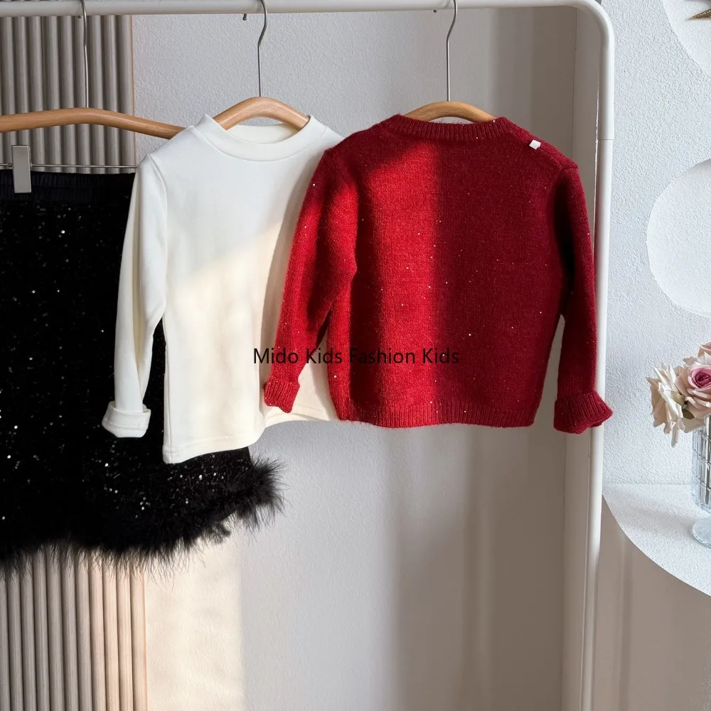6-15Y Baby Girls Winter Red Beaded Knit Fleece Jacket Sequin Fringe Velvet Dress Set 100-140cm