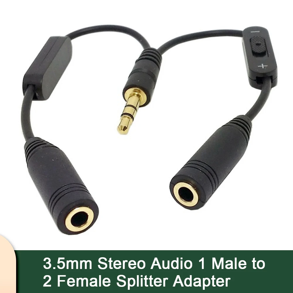 1 w 2 z 3.5mm Stereo męski do podwójnego 3.5mm żeńskiego słuchawki Audio Y kabel splittera z przełącznikiem głośności czarny