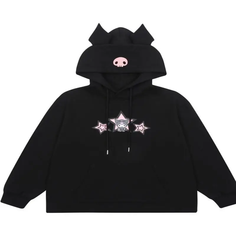 

Женский весенне-осенний повседневный свободный топ с длинными рукавами Kawaii Anime Fashion Sanrio Kuromi с капюшоном, куртка с капюшоном, топ, комплект