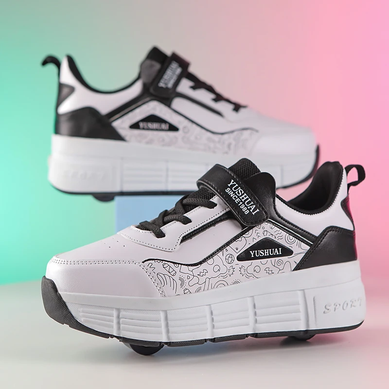 

Cool Kids' No-Tie Roller Sneakers: Fall 4-Wheel Retractable Skates – Boys' Student Wheeled Shoes