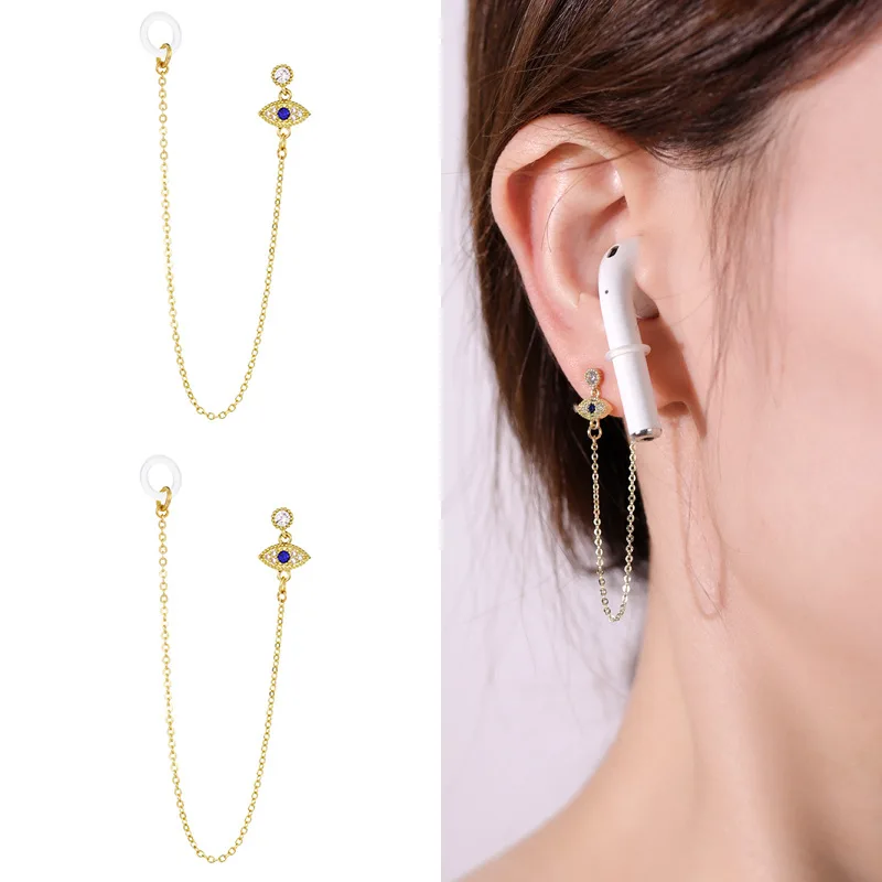 Copper gold-plated zirconium-inlaid wireless Bluetooth anti-lost earphone chain earrings women's Japanese and Korean simple temp