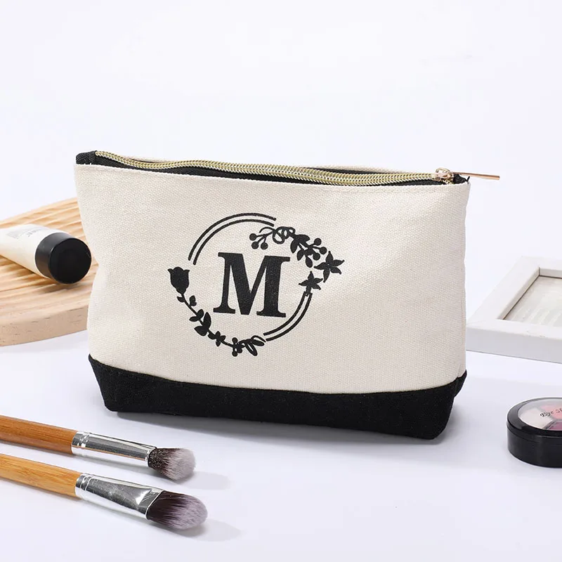 Portable cosmetic bag black and white color collision splicing organizer waterproof circle letter printing zipper coin purse