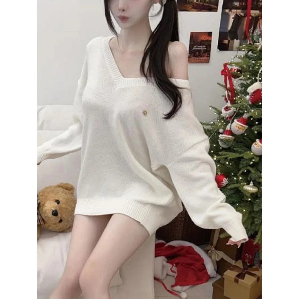 

Loose V-Ne Knitted Sweater Women's Mid-Length oulder-Drift Sle Autumn Winter New Arrival Comfortable Korean Faion