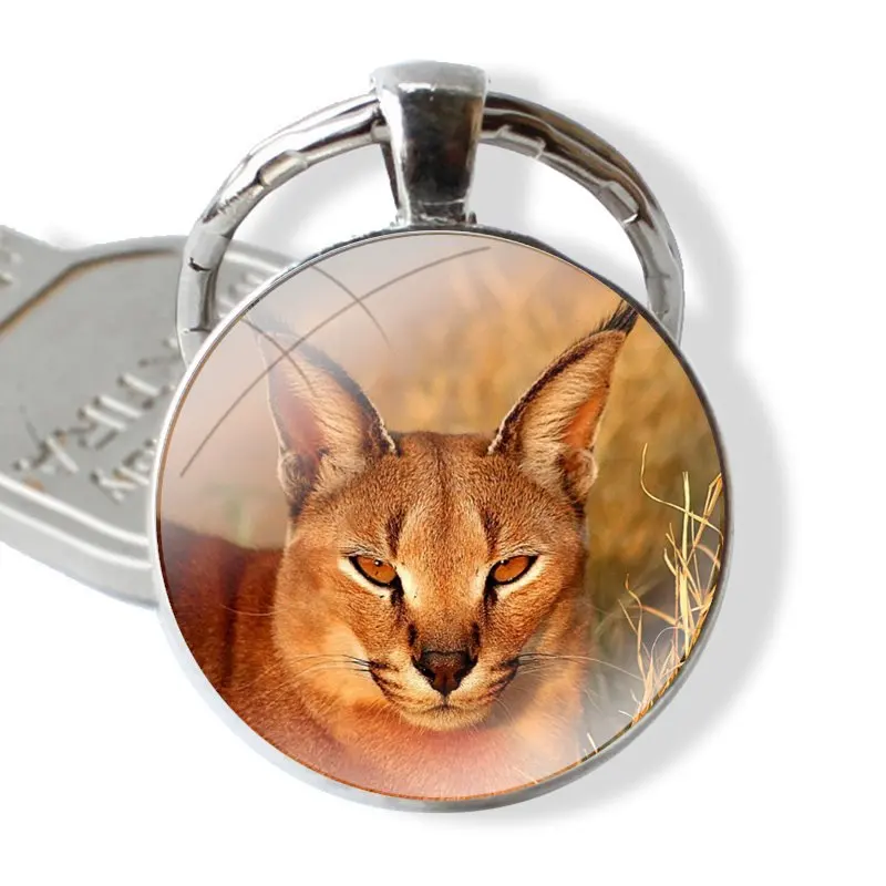 Keychain Glass Cabochon Metal Pendant Classic Men\'s Women\'s Keyring African Lynx Caracal Big Cat