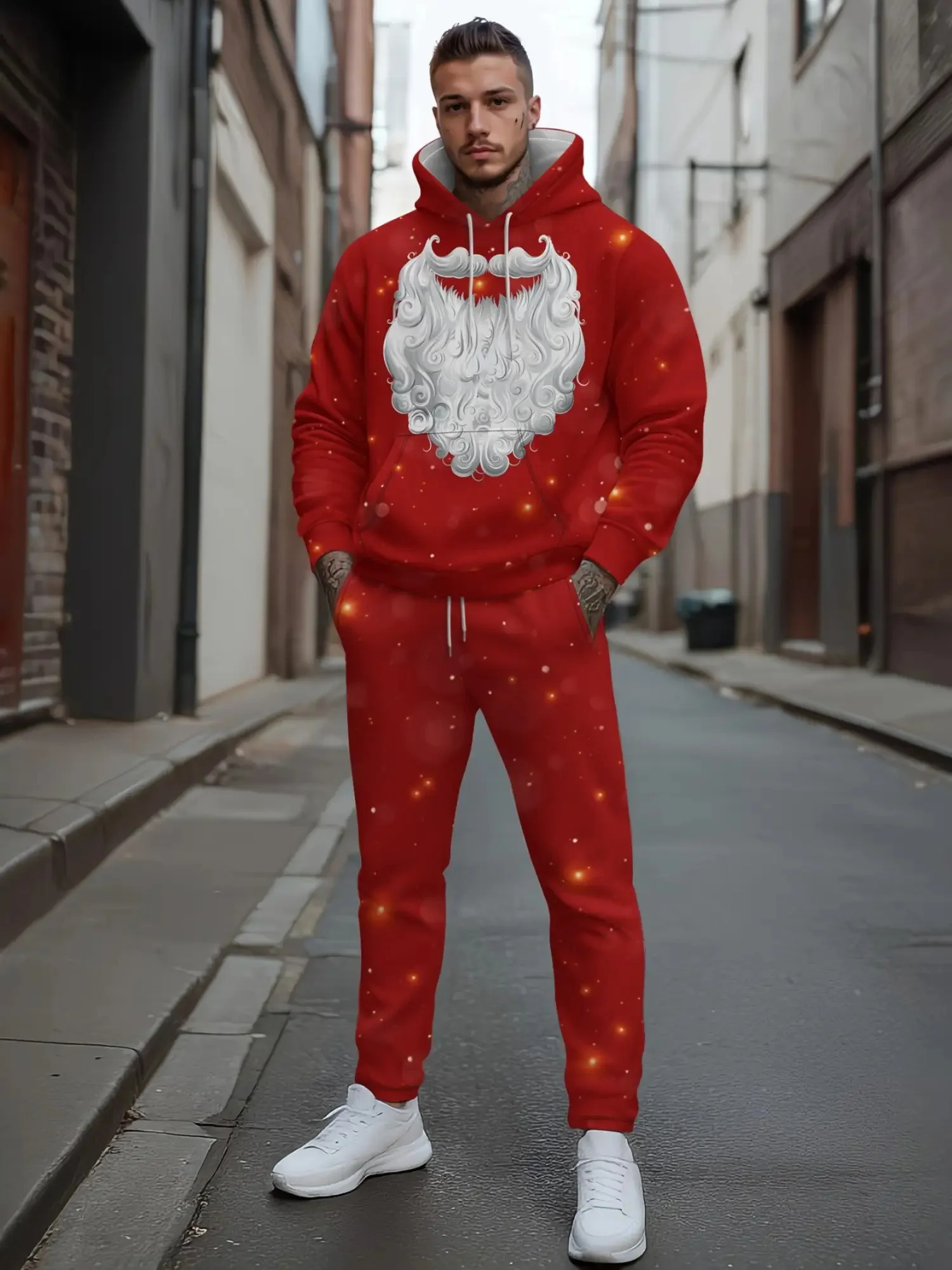 Autumn Winter 3D Funny Santa Claus Printed Men's Hoodies Suit Leisure Fashion Breathable Sweatshirts+Sweatpants Two-piece Sets