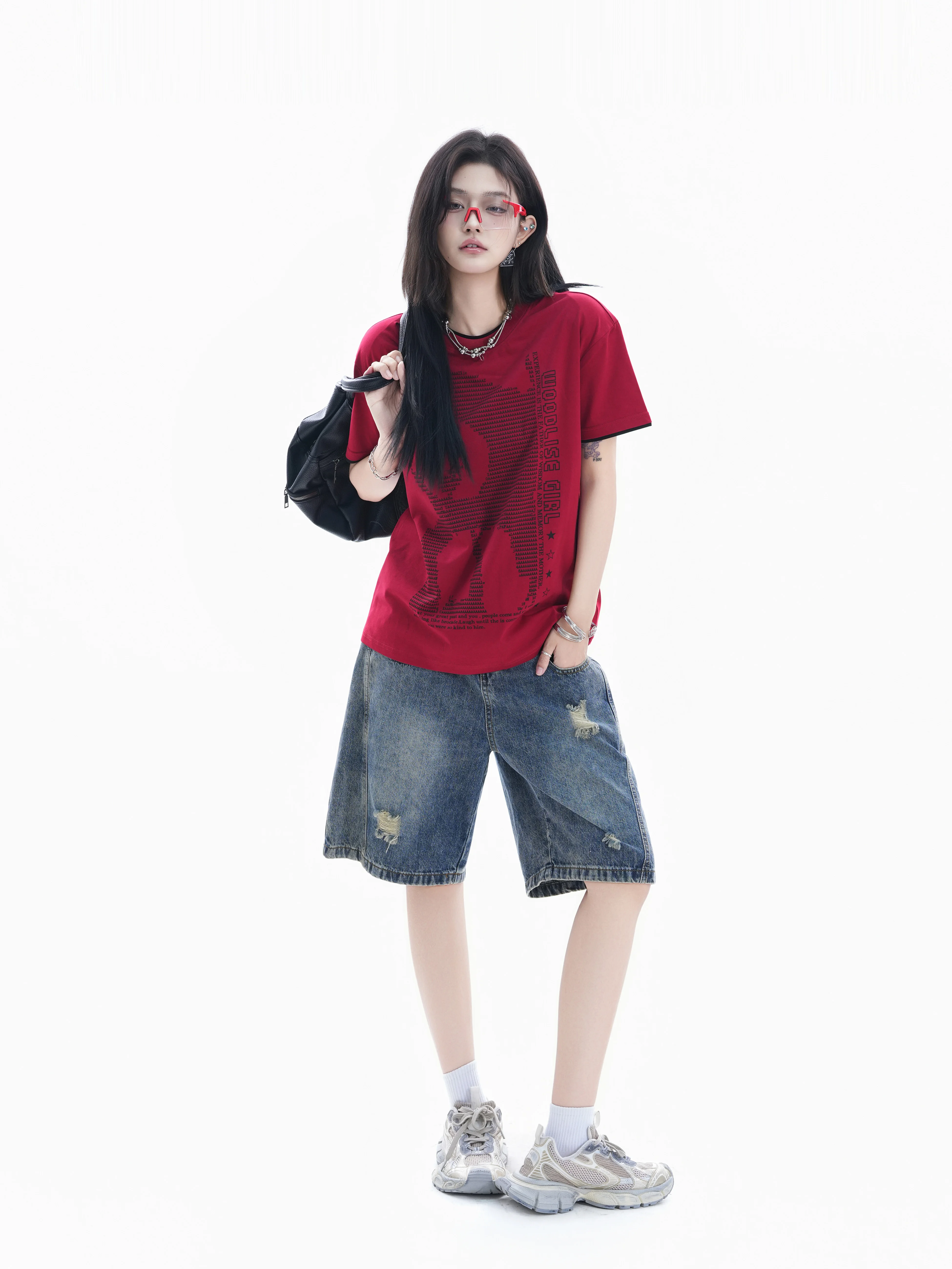 

Retro American Printed Short Sleeve T-Shirt Women Loose Color Block Couple Small Sporty Top Trendy Cotton round Neck Pullover