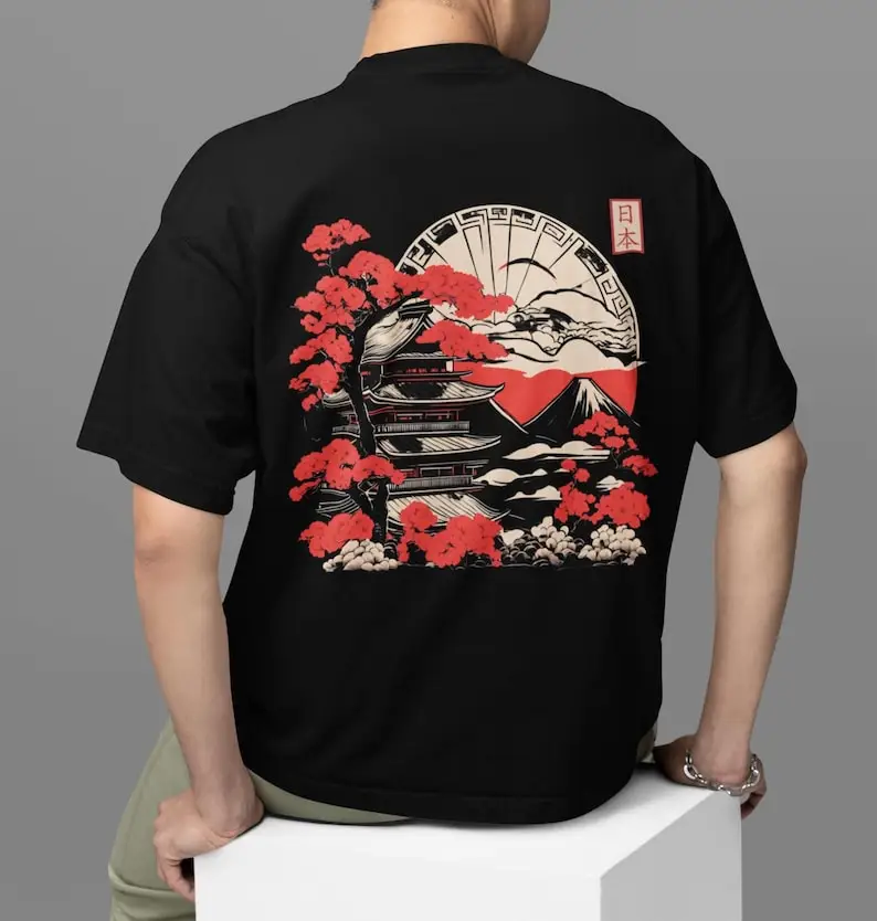 

Футболка с японским рисунком Cherry Blossoms, футболка с храмовым дизайном, унисекс, хлопковые уличные футболки с короткими рукавами