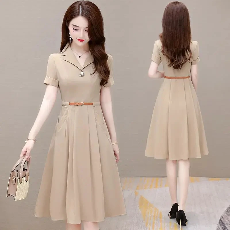 Büro Dame elegante gekerbte Kragen Plissee Kleid koreanische Mode Kurzarm A-Linie Midi Vestido Gürtel Sommer lässig schlanke Kleider