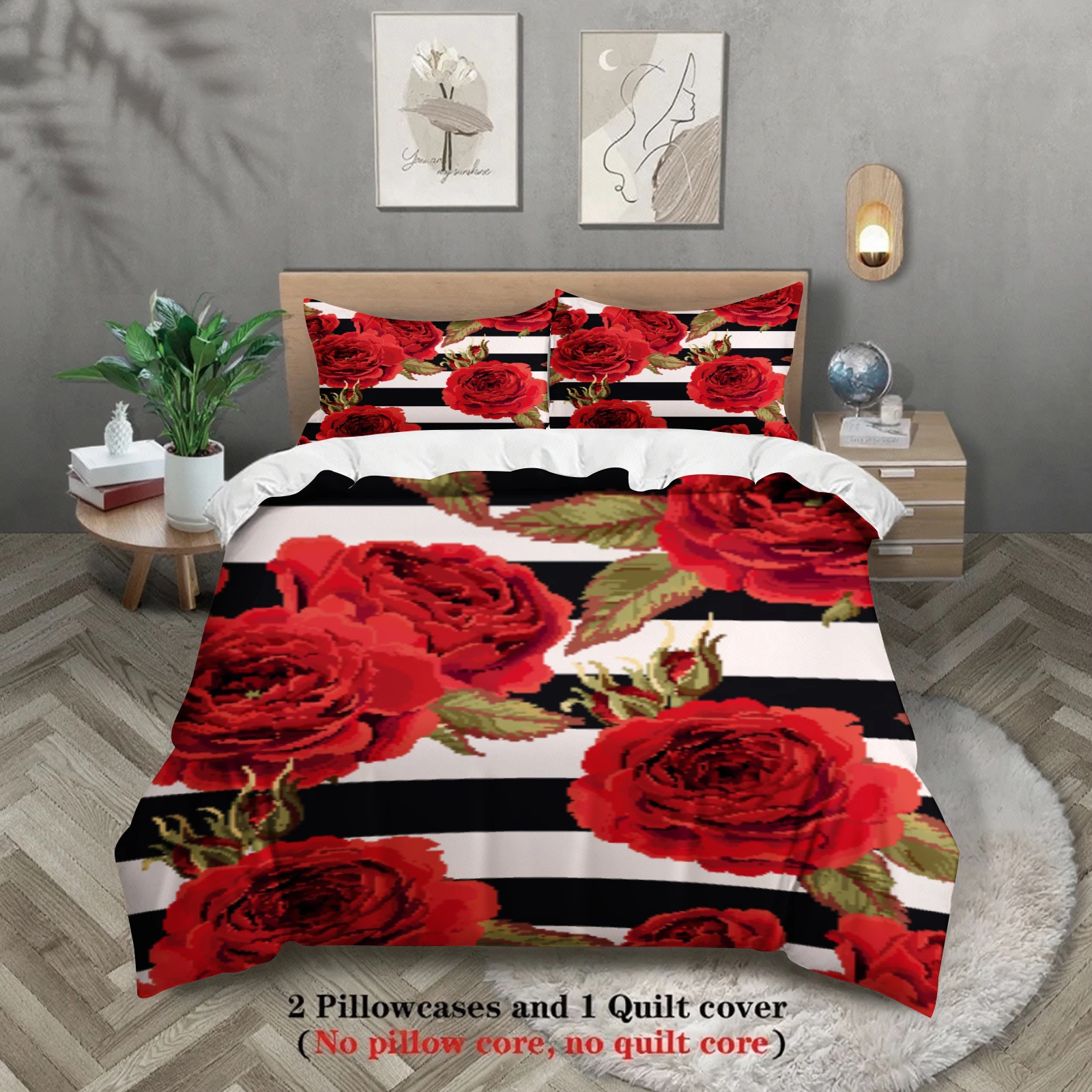 3pcs Red Blossoms Duvet Cover Vivid Floral Zebra Stripe 3D Printed Single Twin Queen Size 100% Polyester Quilt Cover Sets