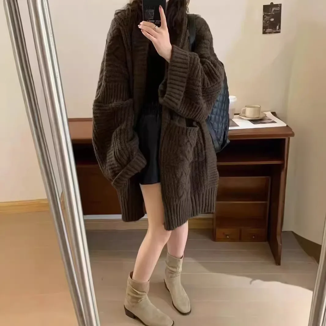 

Повседневный вязаный кардиган с толстыми карманами и открытой строчкой, осень-зима, женское пальто с длинным рукавом, винтажный однотонный свитер с v-образным вырезом, пальто