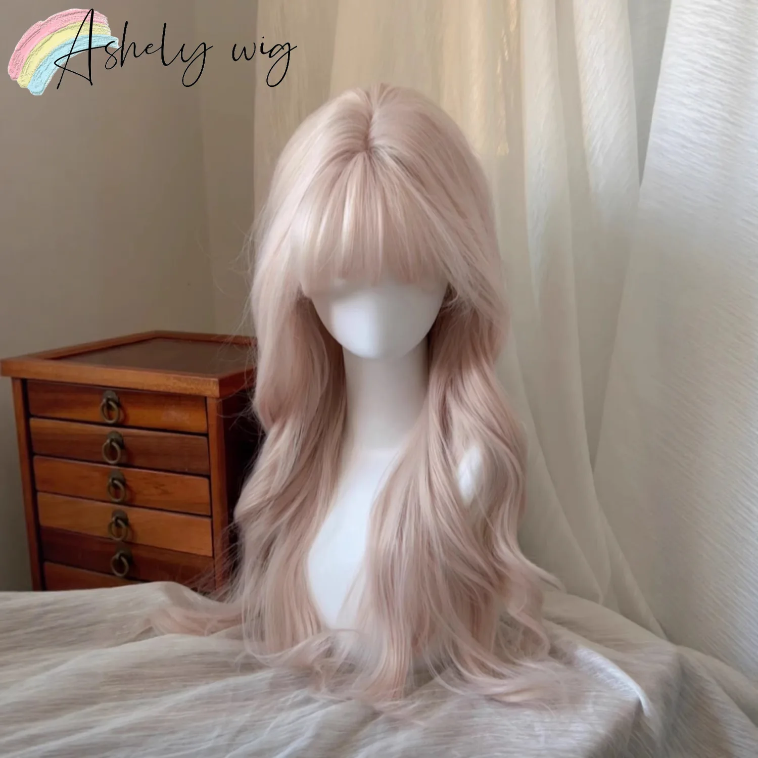 Baby Pink Wig for Women 24inch Long Wave Hair Wig with Bangs Nature Looking Cute Lolita Headband Wigs for Cosplay Perruque Femme