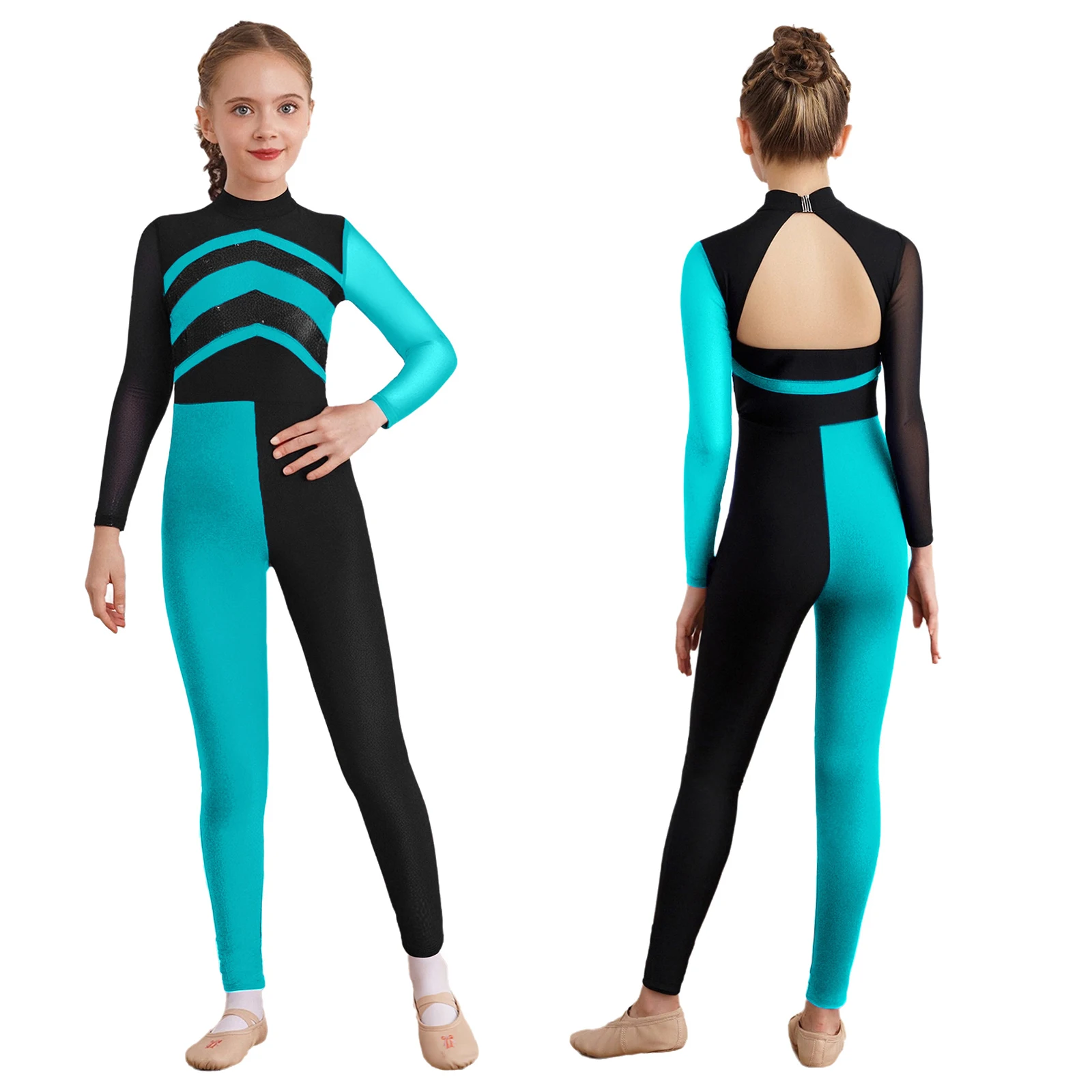 Girls Gymnastics Jumpsuit Ballet Dance Unitard Athletic Figure Skating Costume Sparkly Sequins Long Sleeves Jumpsuit Dancewear