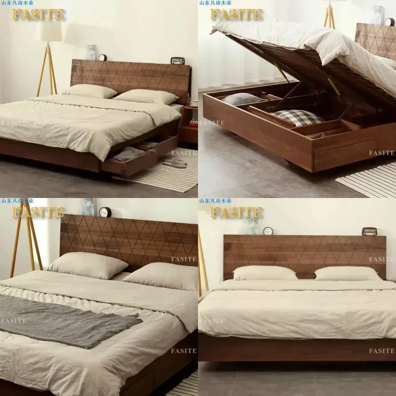 For Nordic Modern High Box Storage Suspended Bed Black Walnut Cherry White Oak Full Solid Wood Drawer Double Bed