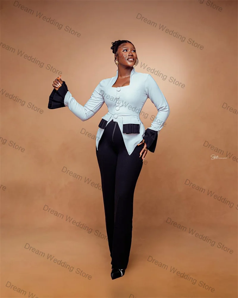 

White Black Women Suit Set 2 Pcs Blazer Pants Trousers Flare Sleeves Autumn Formal Office Lady Jacket Customized Wedding Coat