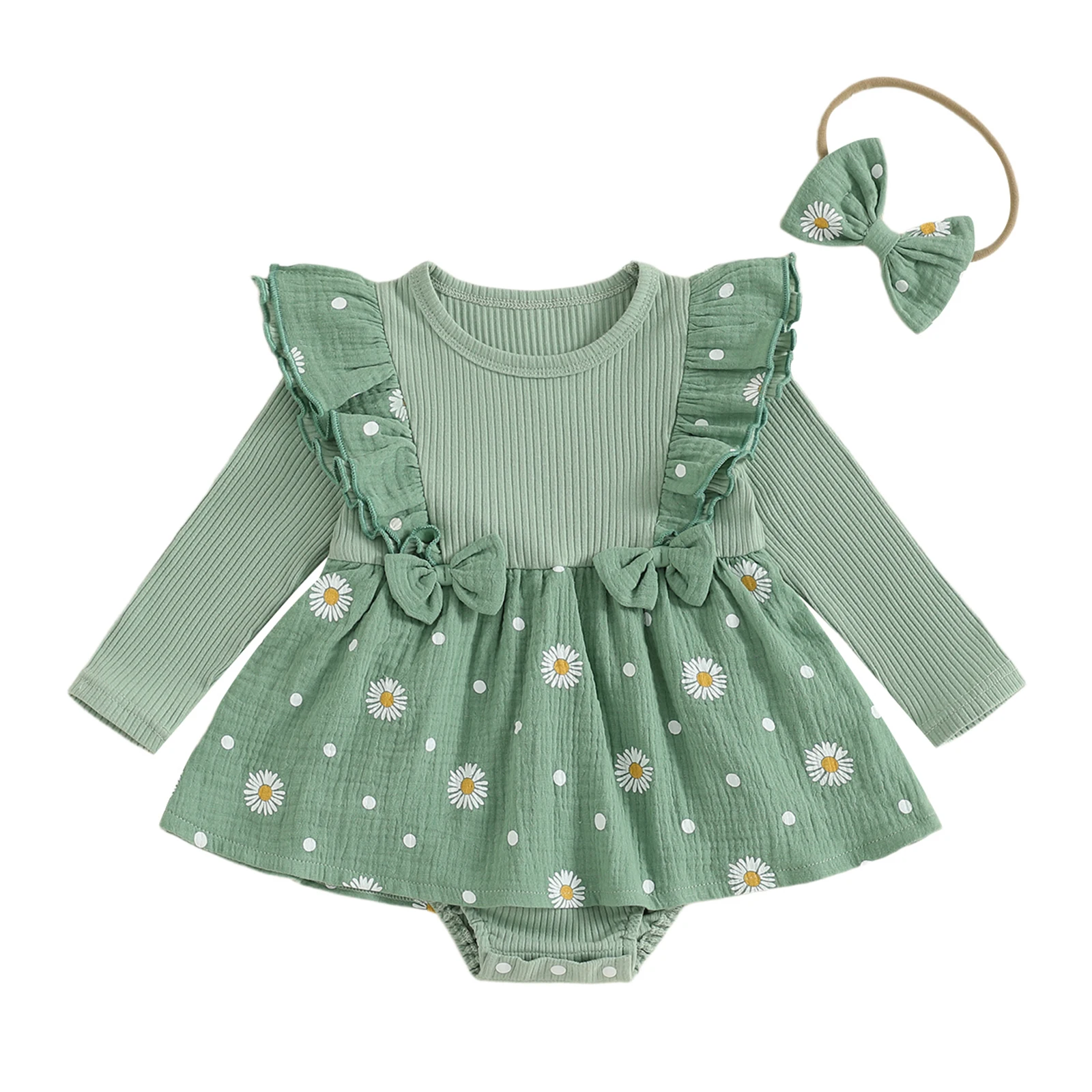 

Baby Girl Fall Outfit Daisy Print Pathwork Ruffle Long Sleeve Romper Dress Bow Headband 2 Piece Set