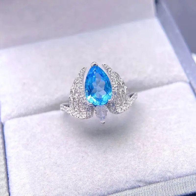 

Best Seller Topaz Fine Jewelry Ring With Natural Switzerland Blue Topaz Gemstone 6*9mm Silver Lady Topaz Ring For Party Lady