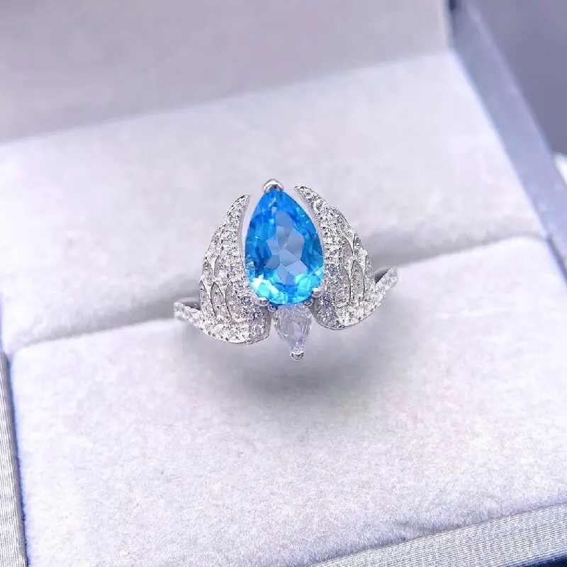 

Best Seller ZECAA Topaz Fine Jewelry Ring With Natural Swiss Blue Topaz Gemstone 6*9mm Silver Lady Topaz Ring For Party