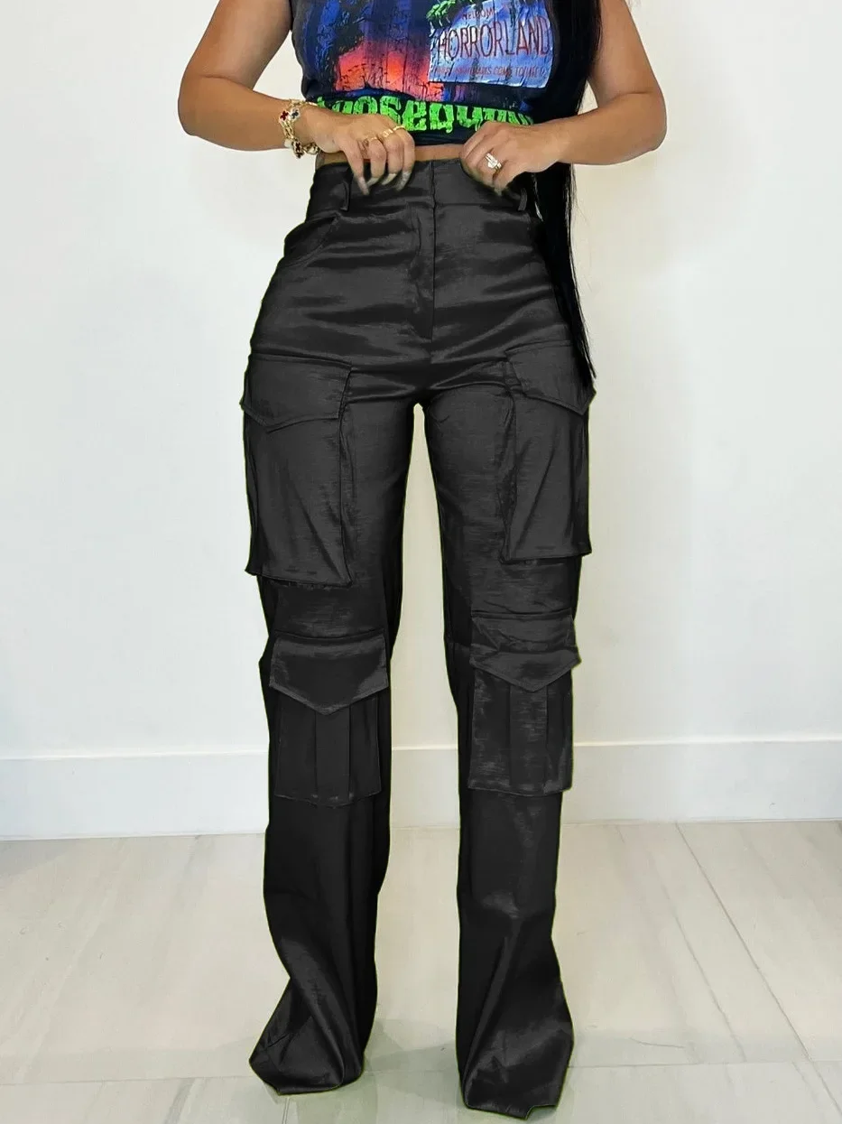 Summer Zipper Fly Rose Red Cargo Trousers Women Multi Pocket Front Safari Style Straight Jogger Pants