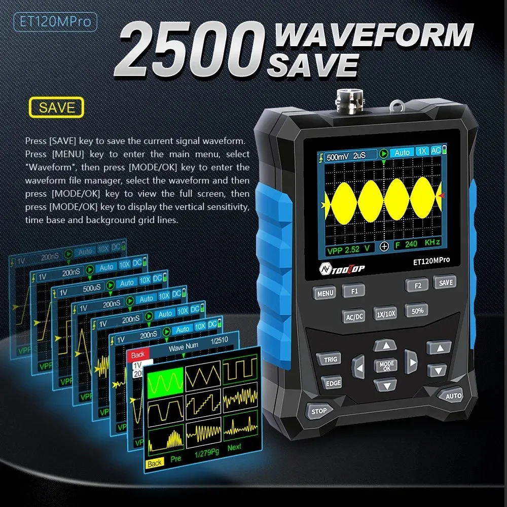 TOOLTOP ET120Mpro Generatore di segnale oscilloscopio digitale portatile 2 in 1 120 MHz 500 MS/s Frequenza di campionamento veloce Mini oscilloscopio automatico