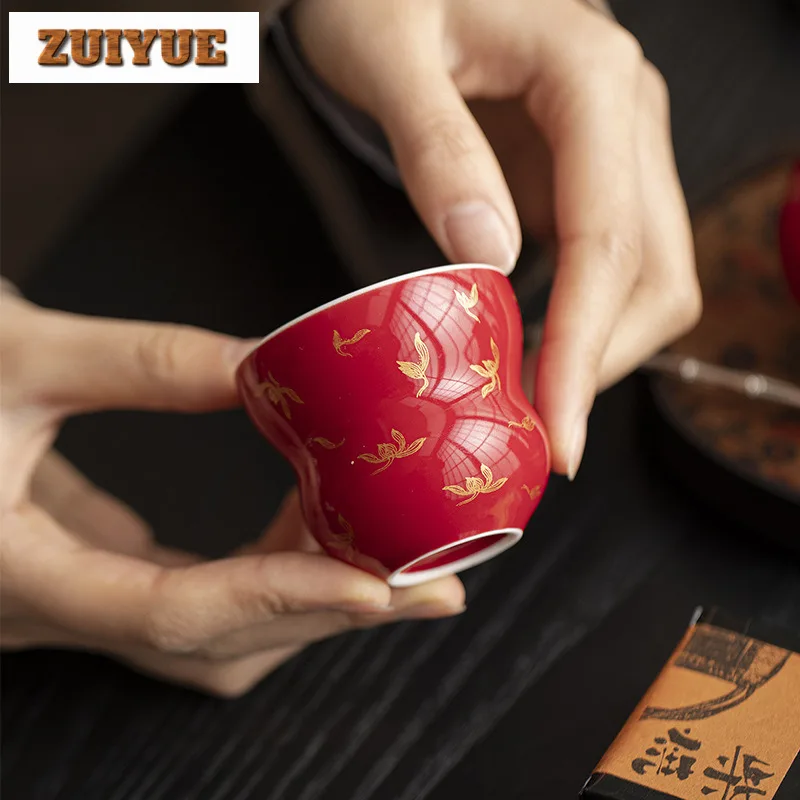 2pc/lot Ruby Red Gold Stamp Gourd Teacup Retro Tea Bowl Sample Tea Cup Tea-tasting Personal Cup Jianzhan Master Cups Tea 65ml