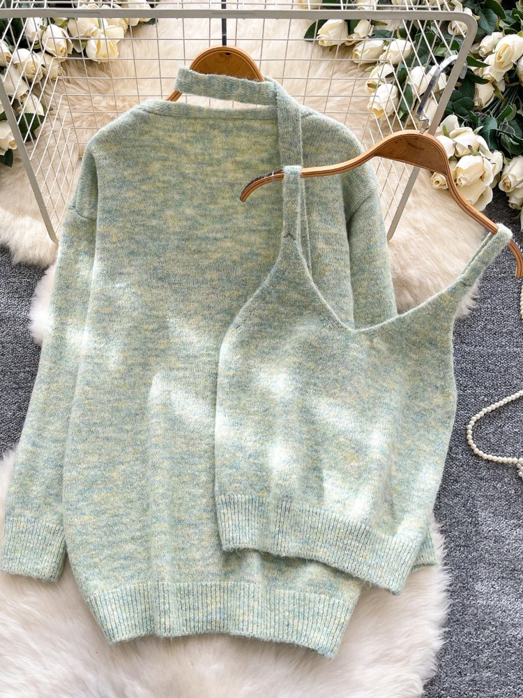 Korean Fashion Elegante Casual Zwei Stück Set Frauen Herbst Winter Faul Stil Schlank Leibchen Tops + Stricken Weiche Strickjacke Solide Outfit