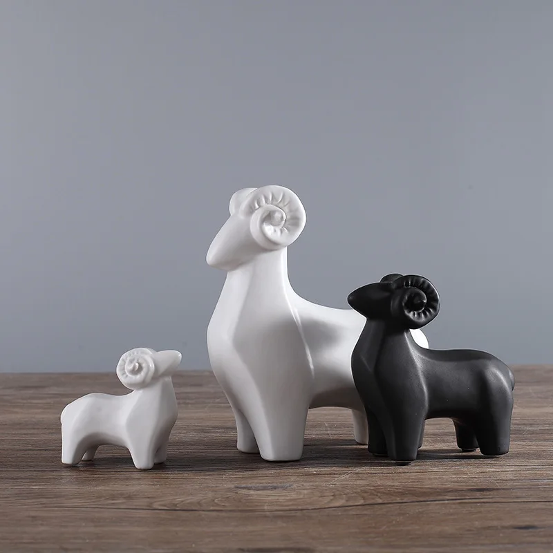 Matte Abstract Sheep Creative Animal Black and White Figurines Friendly Ceramic Home Decoration Accessories Porcelain Crafts