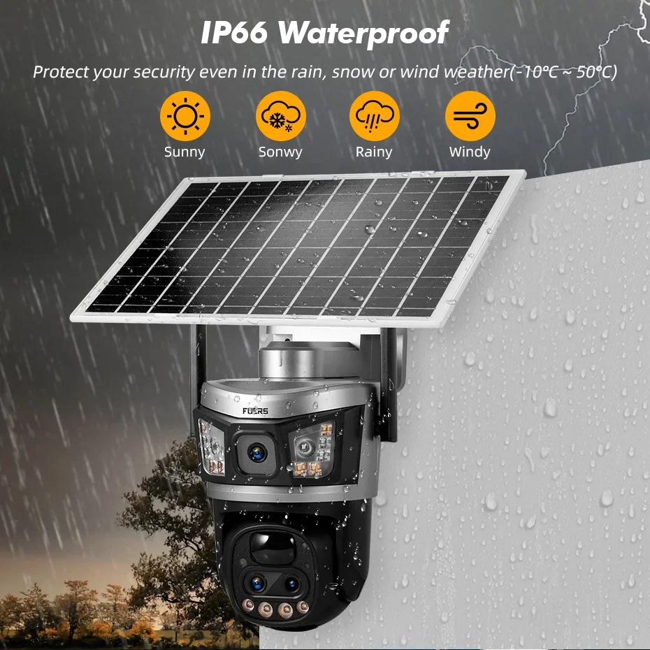 FUERS 6MP 10X 4G Солнечная камера с двумя объективами Уличная камера IP-камера Обнаружение человека с солнечной панелью Камера безопасности с батареей V380