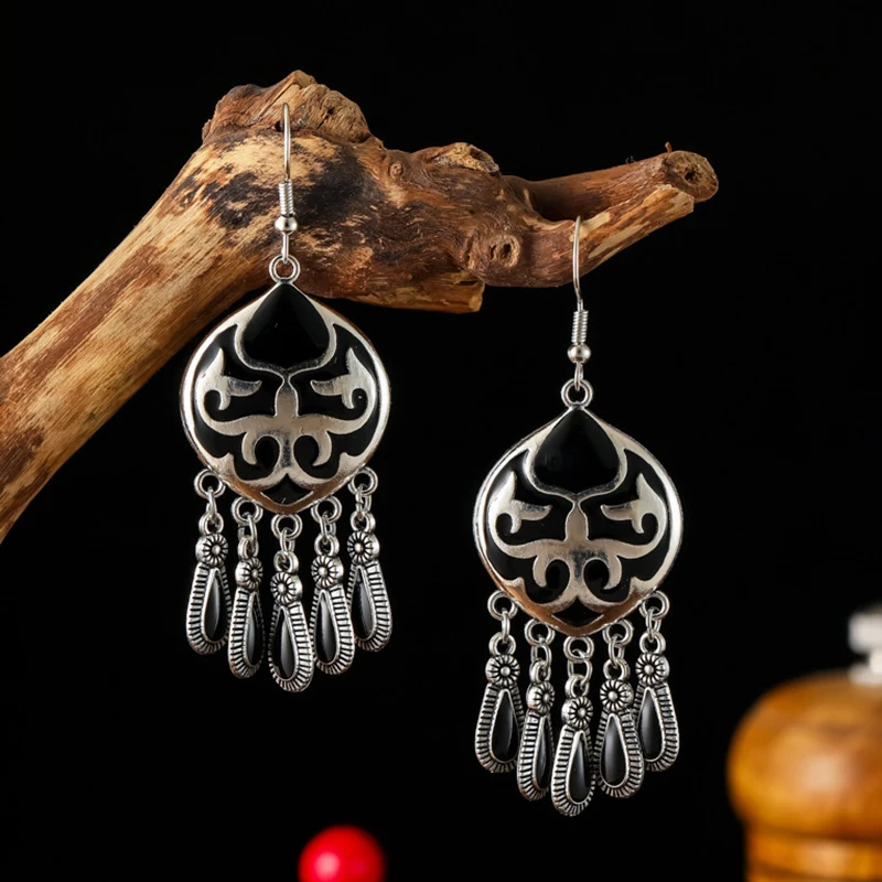 Vintage Ethnic Enamel Fire Totem Water Drop Earrings for Women Creative Design Silver Color Metal Earring Party Vacation Jewelry