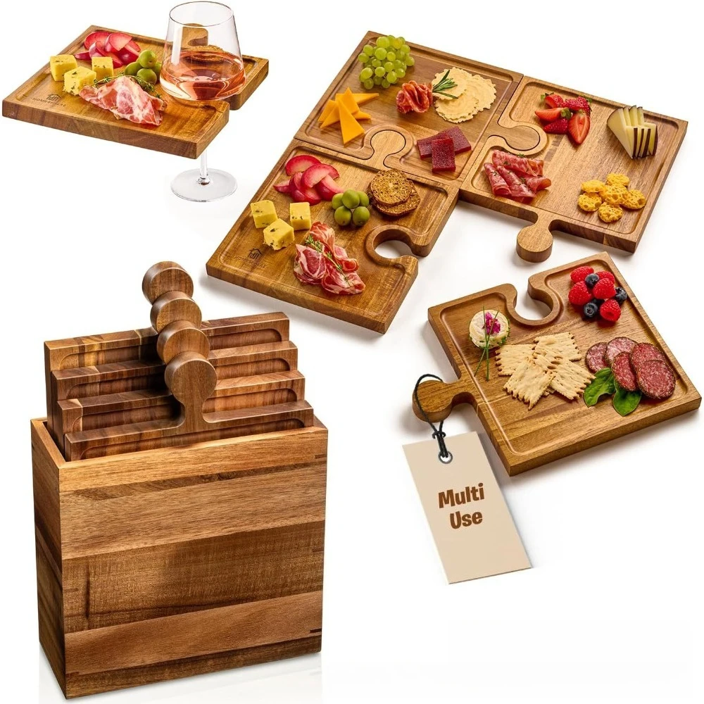 Acacia Wood Puzzle Tray with Handle – Multipurpose Serving Board with Cup Holder, Food Compartments and Storage Case