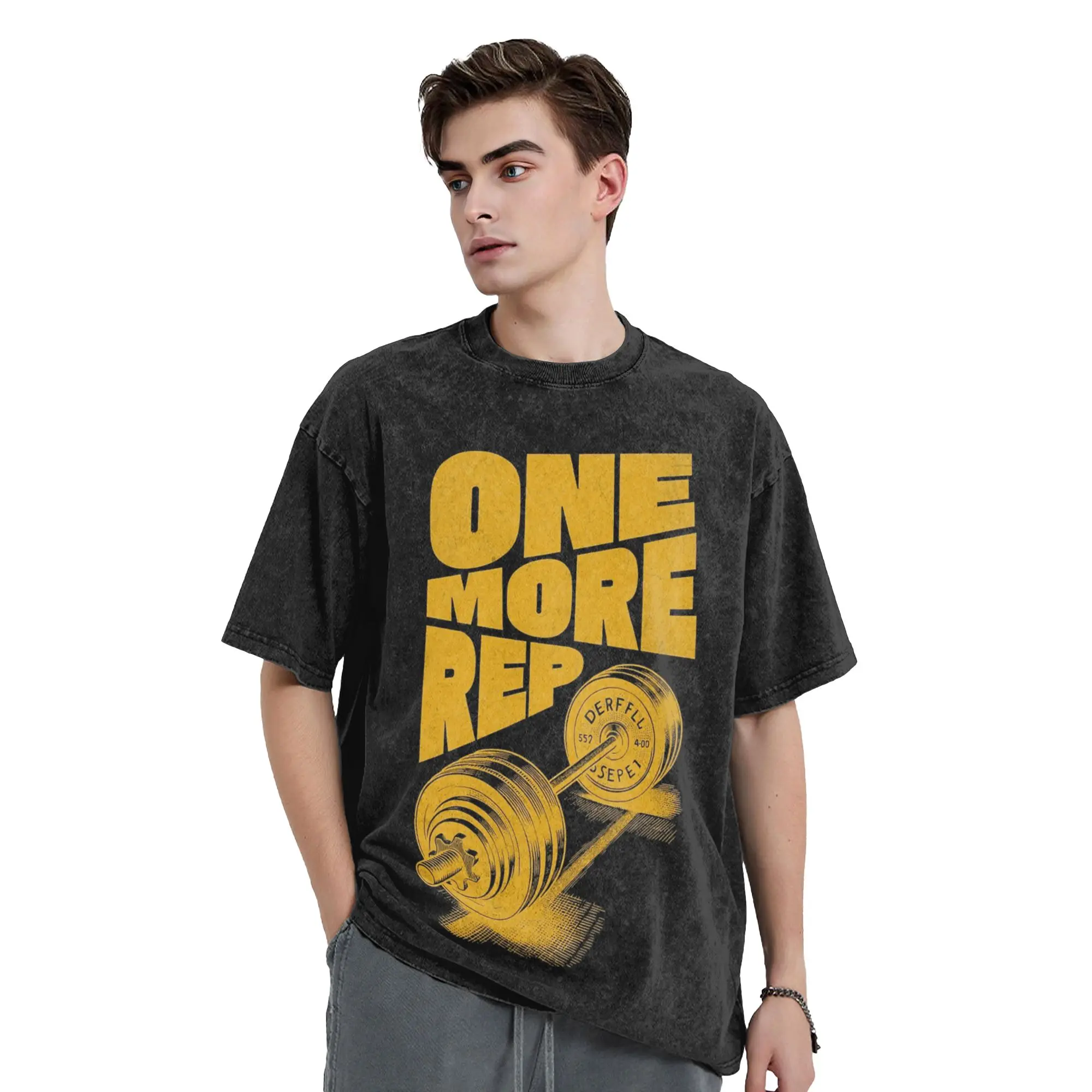 One More Rep Barbell Gym Workout Motivation T Shirt Hip Hop Washed Oversize T-Shirts for Men Women Tops Streetwear Tee Shirt