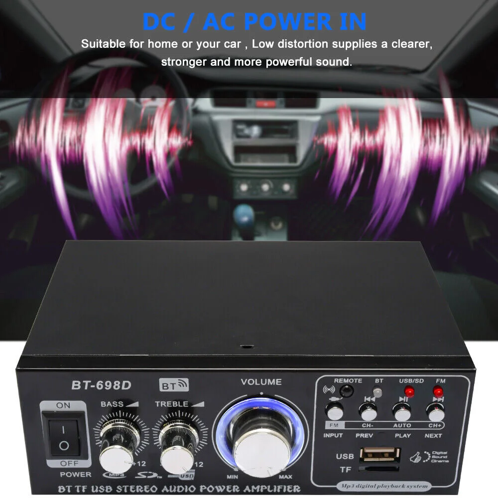 12V 110-220V 2 Channel HIFI Stereo Power Amplifier bluetooth FM Radio Car Home Audio Amplifier Amplificador With Remote Control