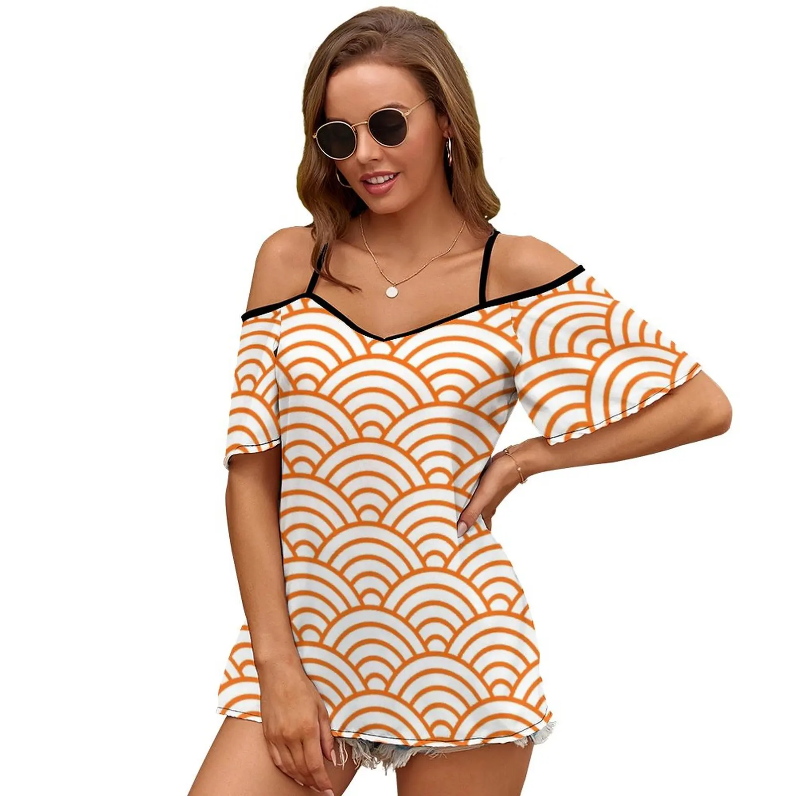 Camiseta con estampado de manga con abertura y hombros descubiertos para mujer, ropa informal de verano, holgada, naranja, japonesa, puesta de sol